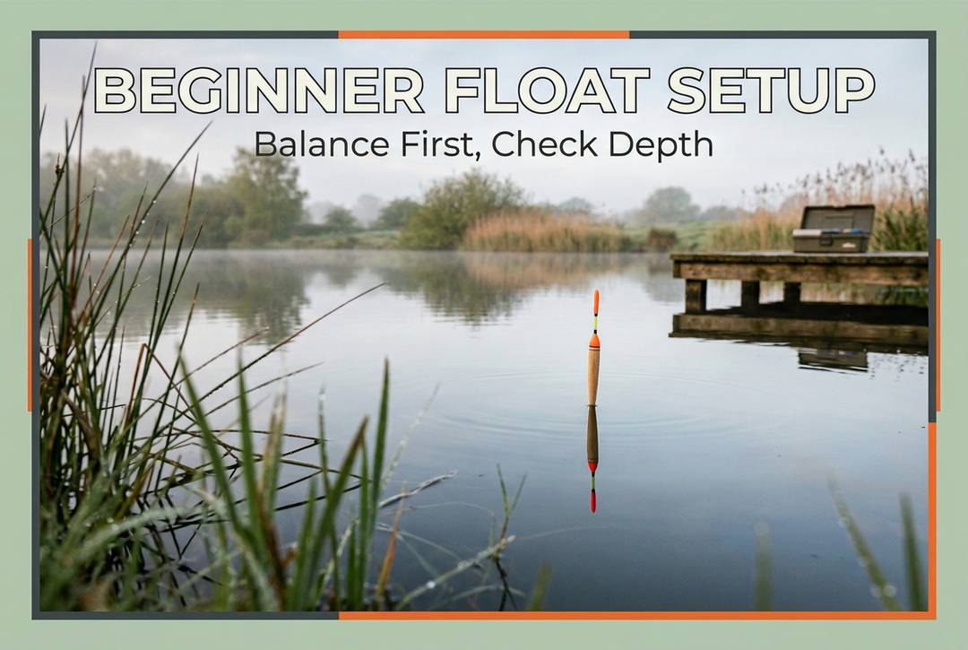 Beginner Float Setup cover showing a generic orange-tipped float on calm pond water, reeds and a distant wooden platform.