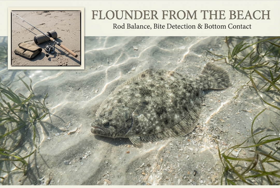 Photographic-style flounder camouflaged on rippled sand, with a generic rod-and-reel inset and English headline Flounder from the Beach.