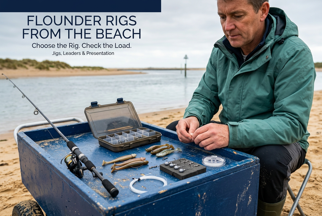 Angler preparing generic soft plastics and terminal tackle on a blue beach cart beside a tidal inlet, with English Flounder Rigs from the Beach headline.