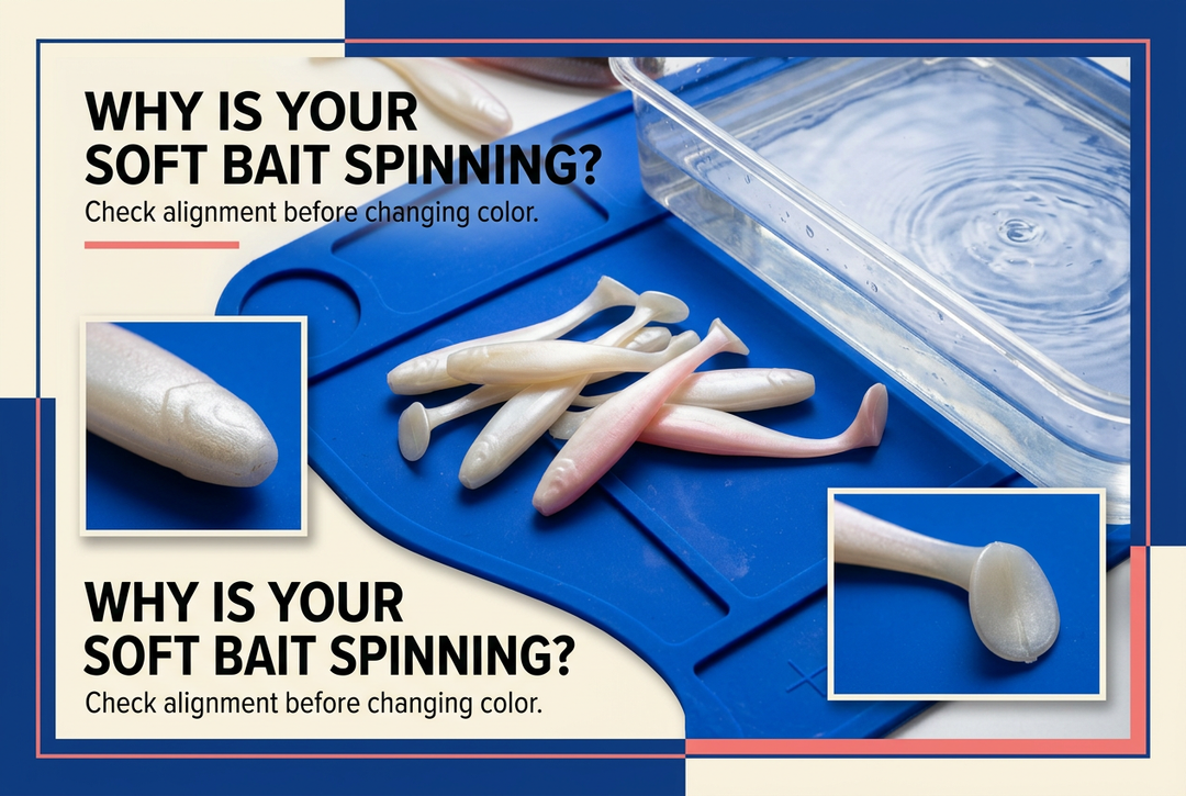 Unrigged pearl and pink paddle-tail soft baits on a blue mat beside water, with the English headline Why Is Your Soft Bait Spinning?