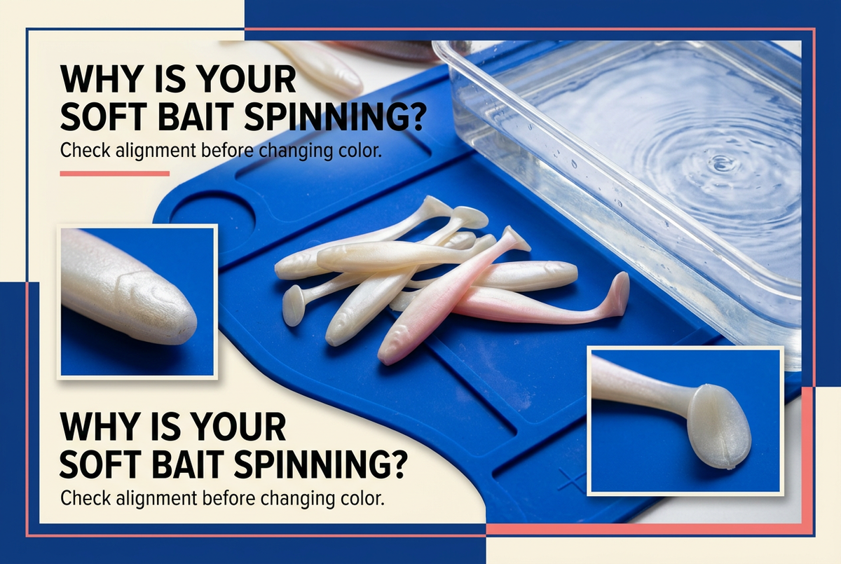 Unrigged pearl and pink paddle-tail soft baits on a blue mat beside water, with the English headline Why Is Your Soft Bait Spinning?