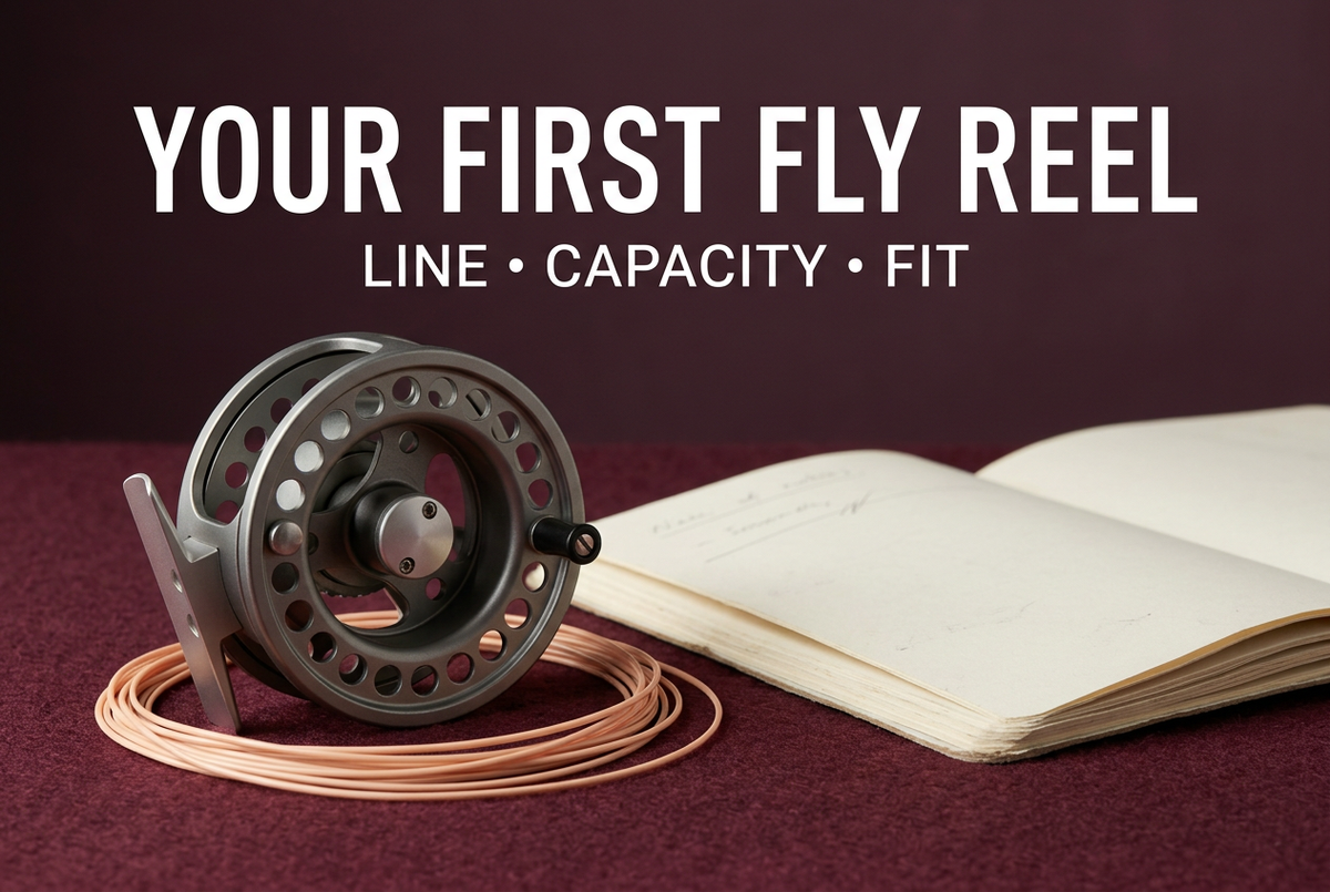 Generated photorealistic scene of a generic fly reel, line coil and notebook on burgundy felt, reading Your First Fly Reel: Line, Capacity, Fit.