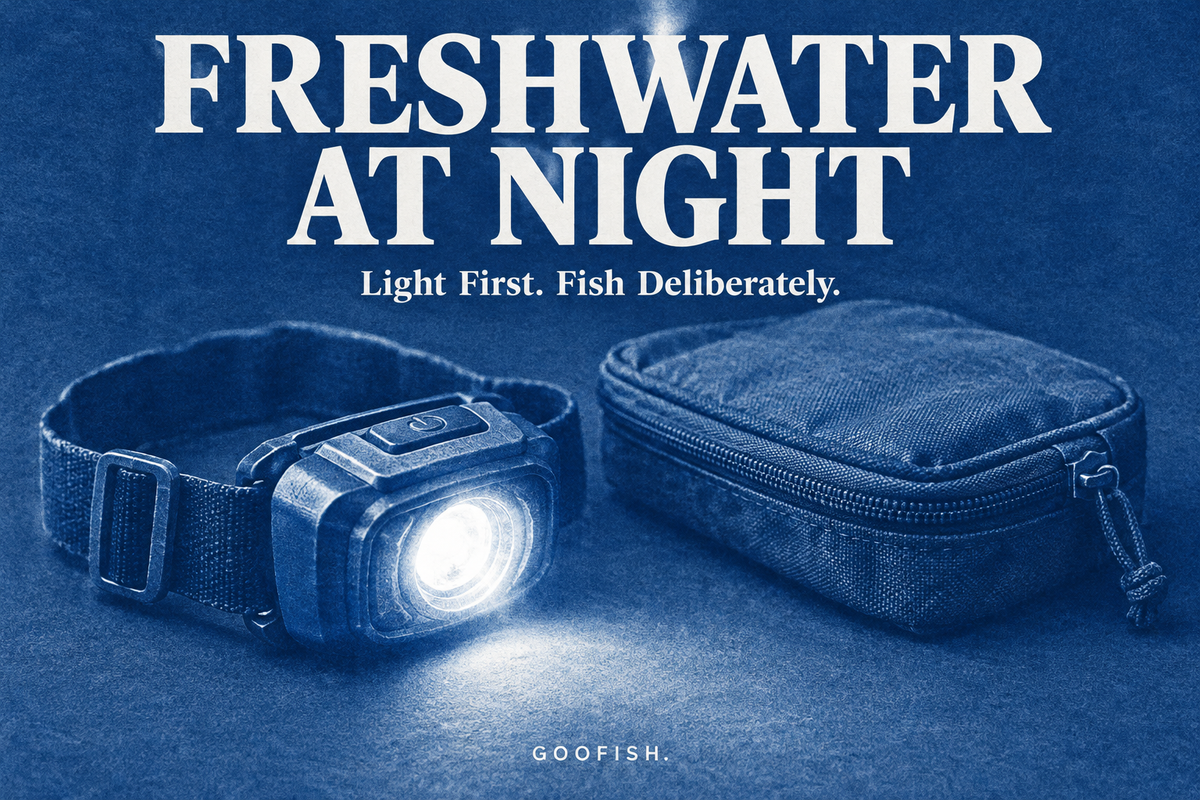 Freshwater at Night cyanotype-style cover showing a generic illuminated headlamp and closed tackle pouch in Prussian blue and white