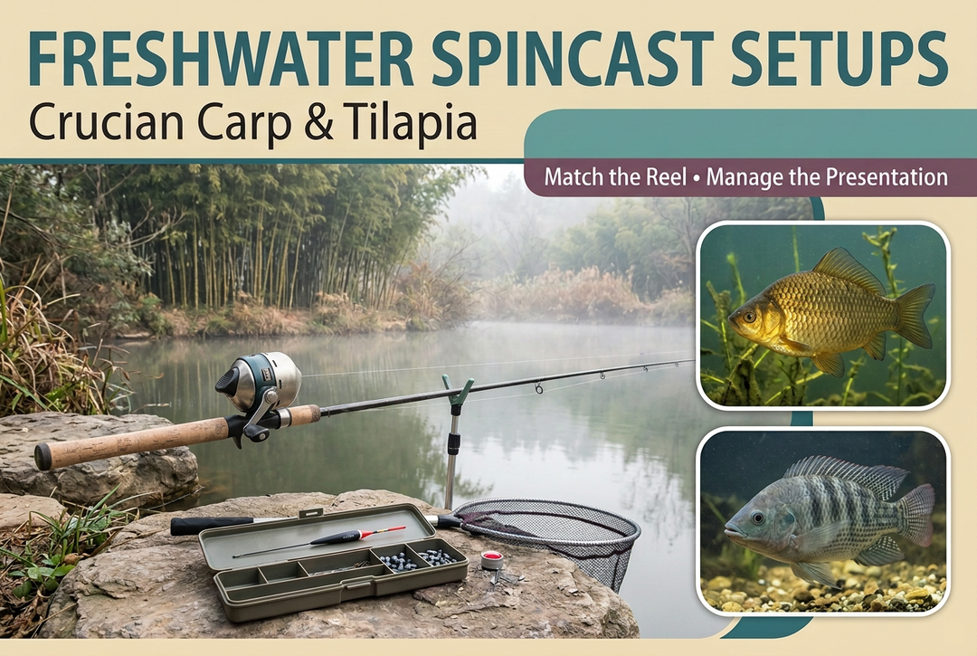 Photo-style freshwater spincast cover showing a rod and closed-face reel at a misty pond, float tackle and net, with crucian carp and tilapia portrait insets.