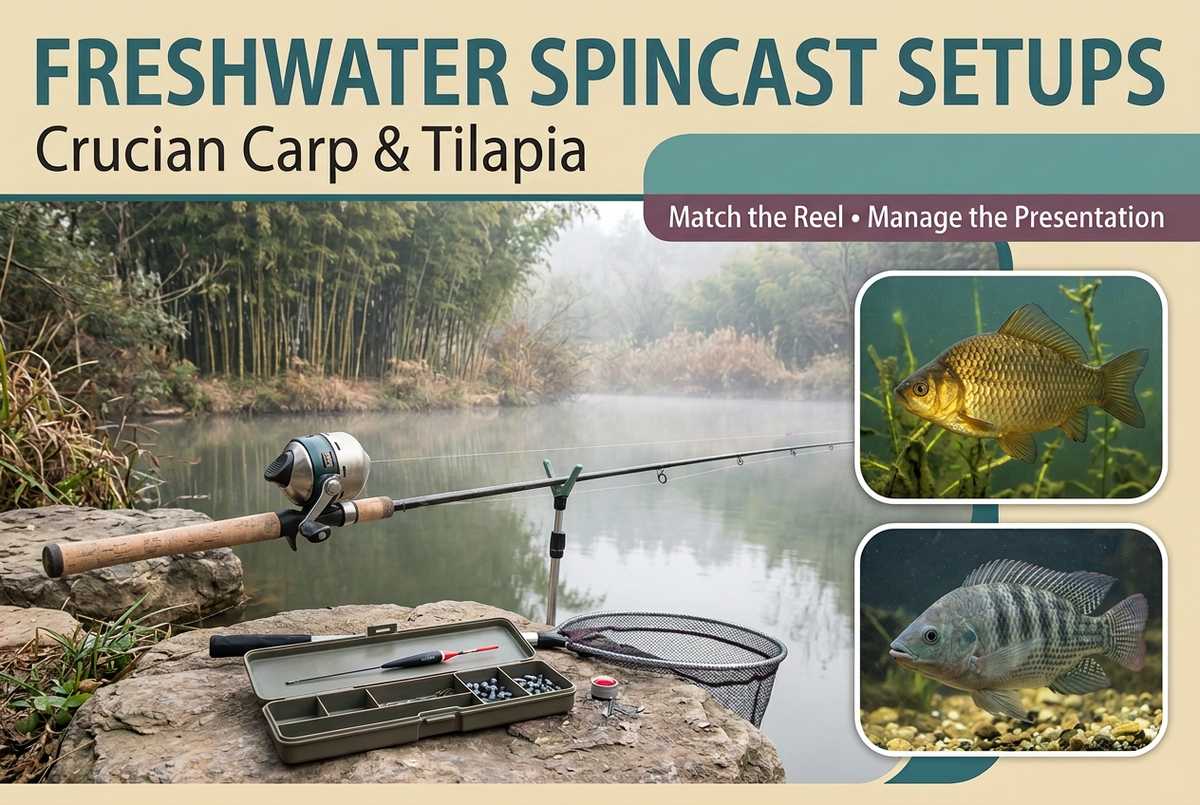 Photo-style freshwater spincast cover showing a rod and closed-face reel at a misty pond, float tackle and net, with crucian carp and tilapia portrait insets.