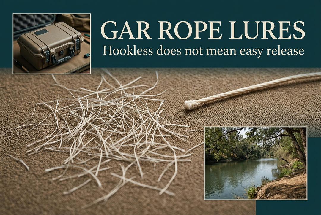 Loose light-colored rope fibers beside intact cord, with closed tool-case and river insets, headed Gar Rope Lures: Hookless does not mean easy release.