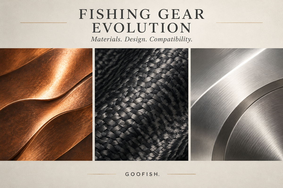 Fishing Gear Evolution cover with conceptual copper-toned metal, dark woven-composite and silver machined-surface panels on ivory
