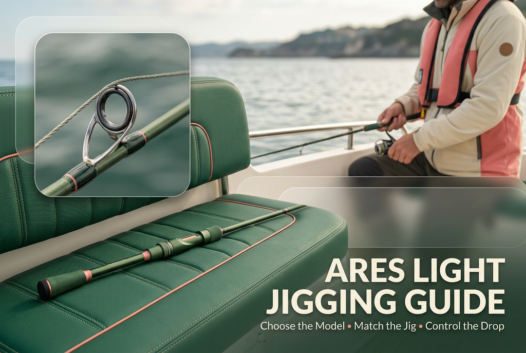 Editorial light-jigging boat scene with generic green-and-pink tackle and component details, not an exact product photograph