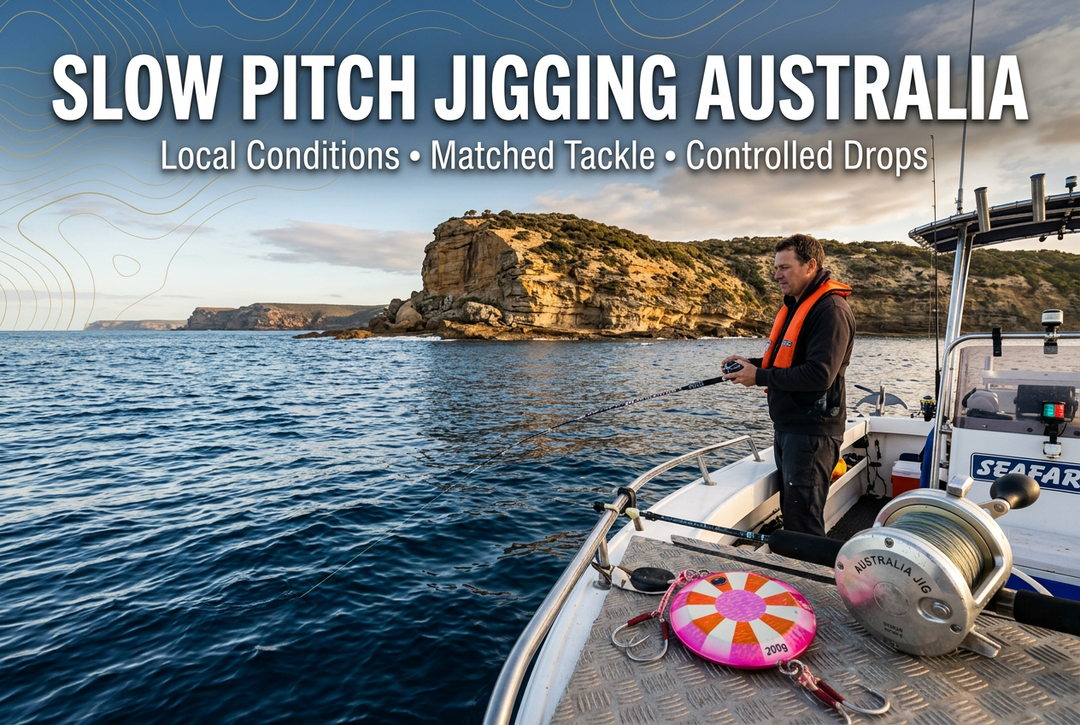 Editorial coastal boat-jigging scene with a sandstone headland and generic secured tackle details