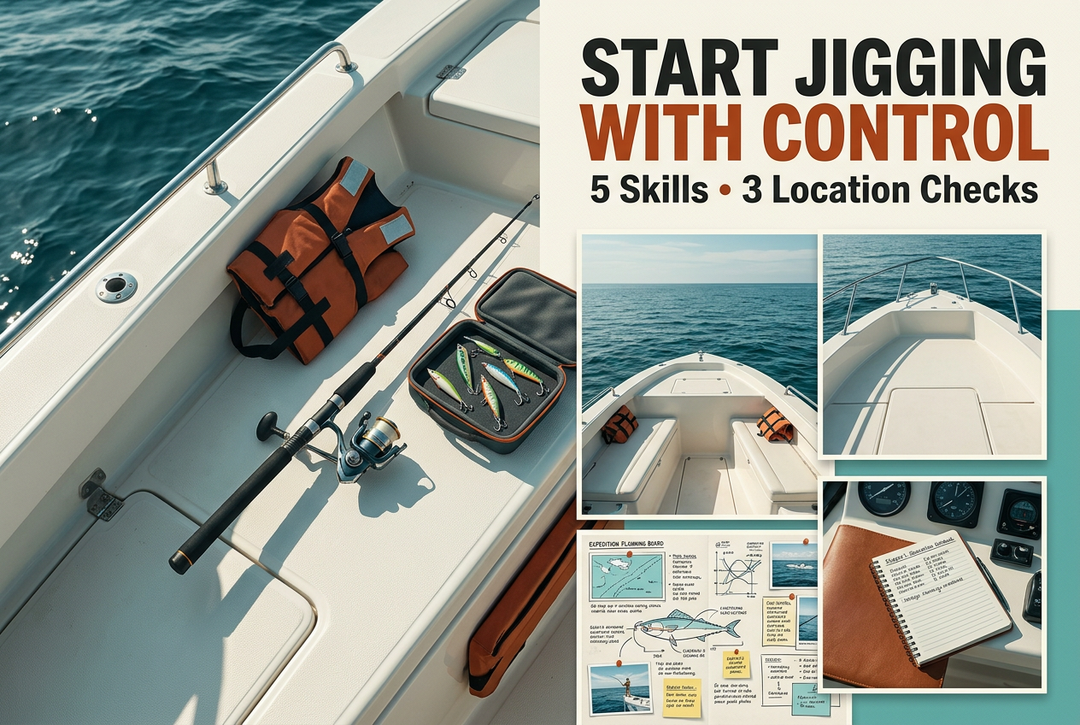 Editorial charter-boat preparation deck with generic secured jigging tackle, flotation and planning details