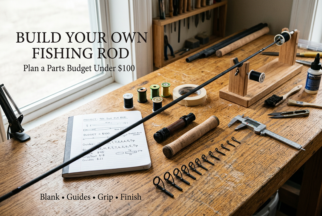 Fishing rod blank, cork grips, guides and wrapping tools on a workbench for a budget DIY rod build
