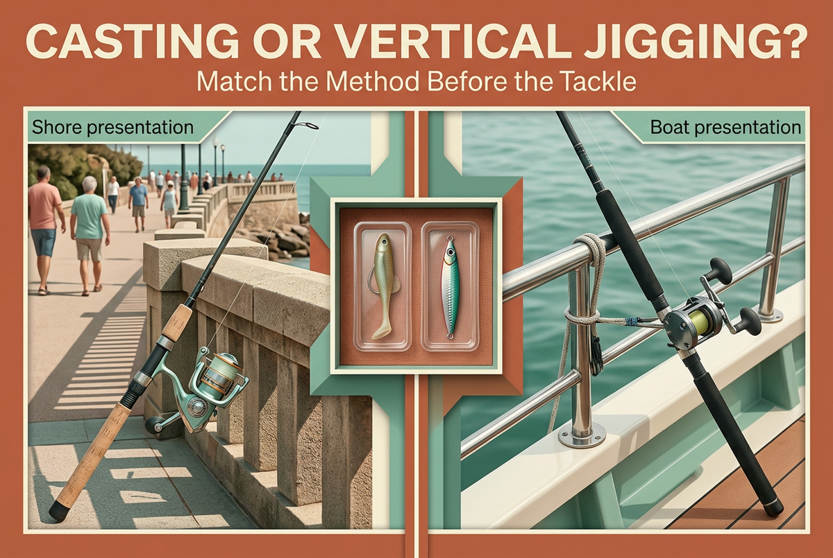Editorial separate coastal casting and boat-jigging scenes with secured soft-lure and metal-jig details