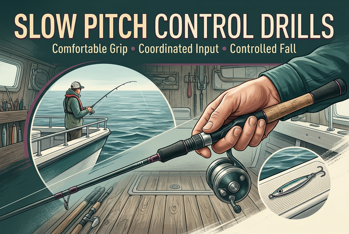 Editorial unloaded jigging grip and reel details with safe boat-fishing and secured-lure insets