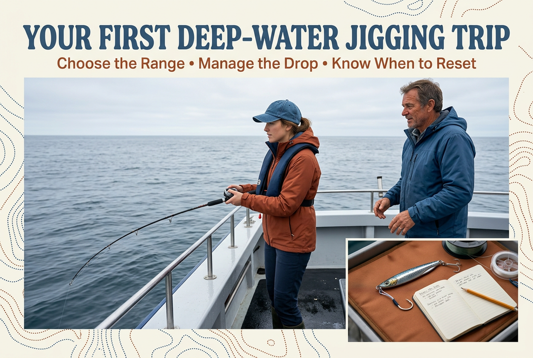Editorial beginner boat-jigging scene with life-jacketed anglers and secured tackle preparation details