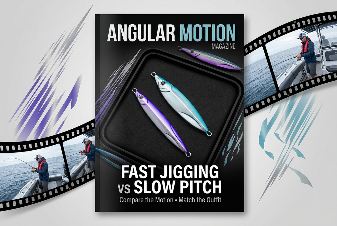 Editorial comparison of fast jigging and slow pitch with generic metal jigs and boat-fishing photographic insets