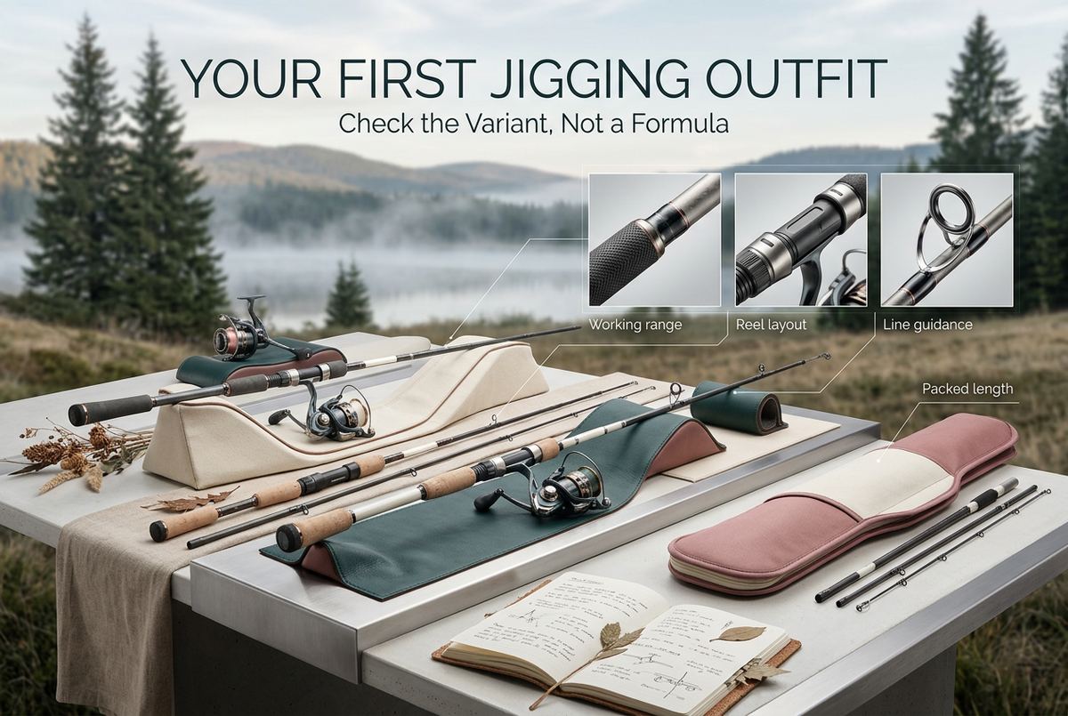 Editorial first-outfit comparison desk with generic unloaded rods, separate reels and guide, joint and case details