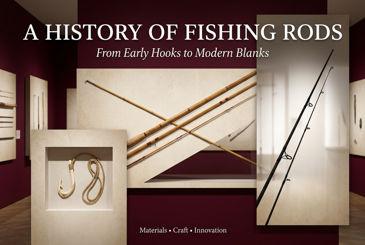 Museum-style illustration showing a bone hook replica, bamboo and cane poles, and a modern fishing rod