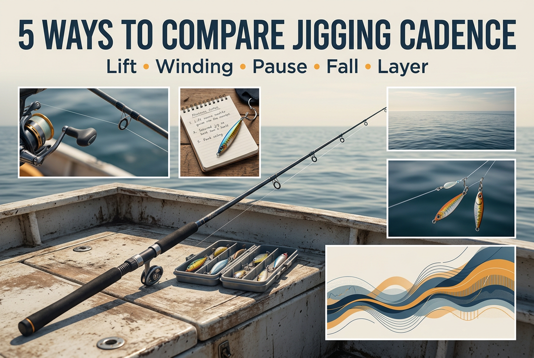 Editorial jigging cadence comparison layout with generic unloaded rod, secured jig, reel, guide and notebook details
