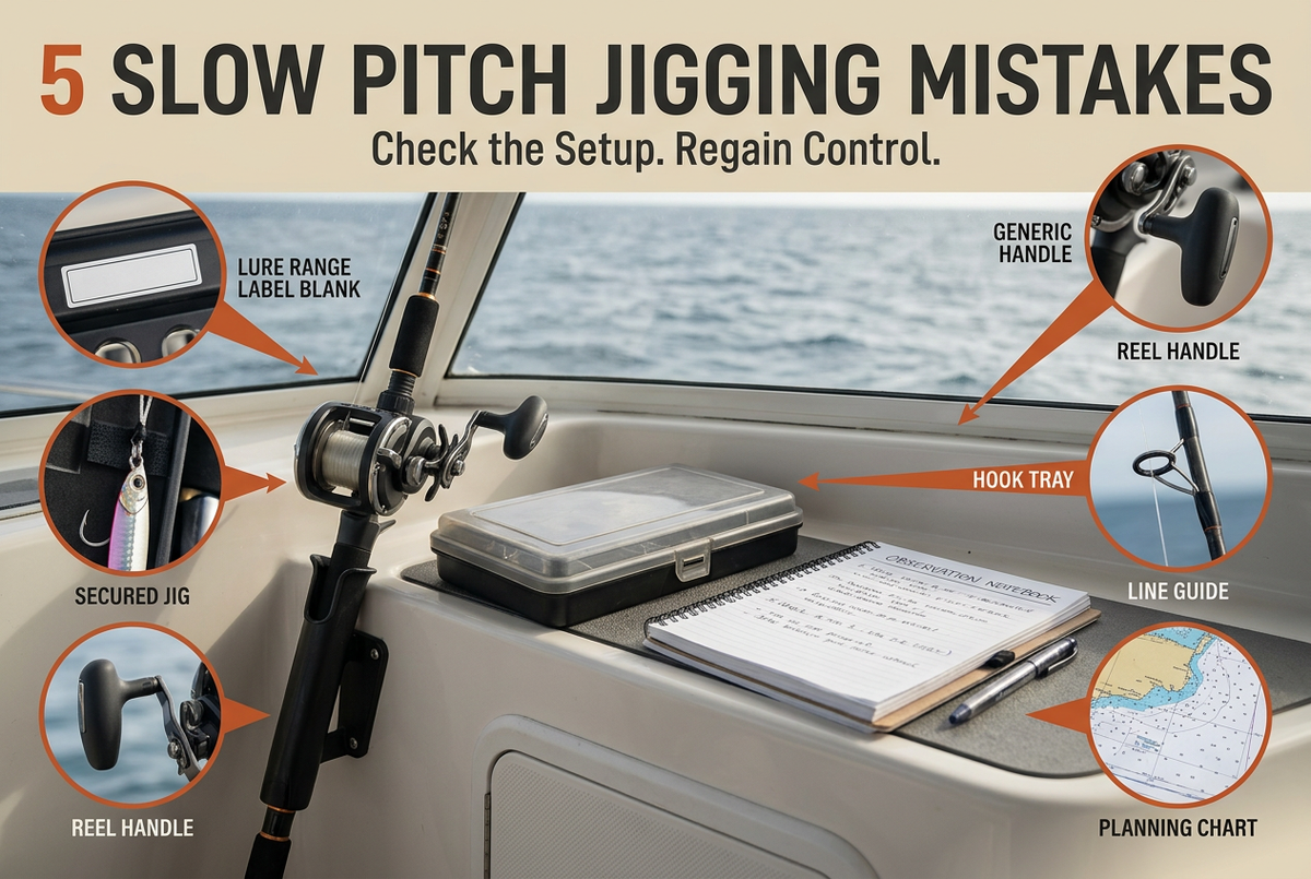 Editorial slow-pitch troubleshooting station with generic secured tackle and five setup-check insets