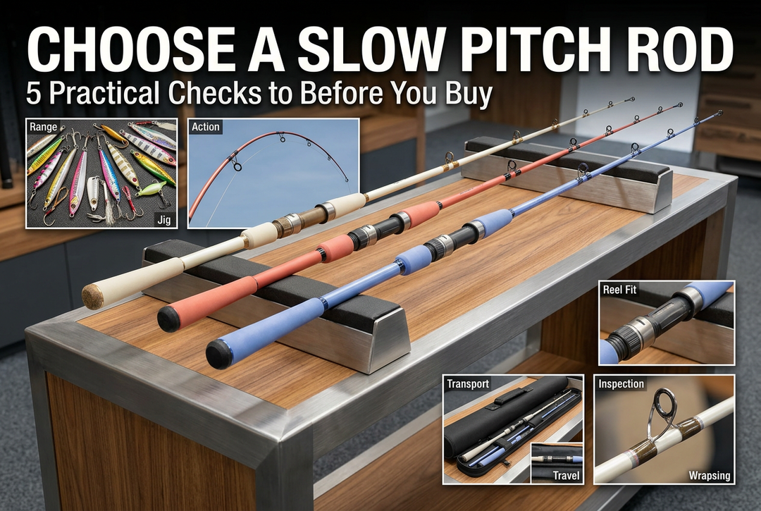 Editorial slow-pitch rod selection scene with generic rods, secured jig, reel-seat, guide and case details