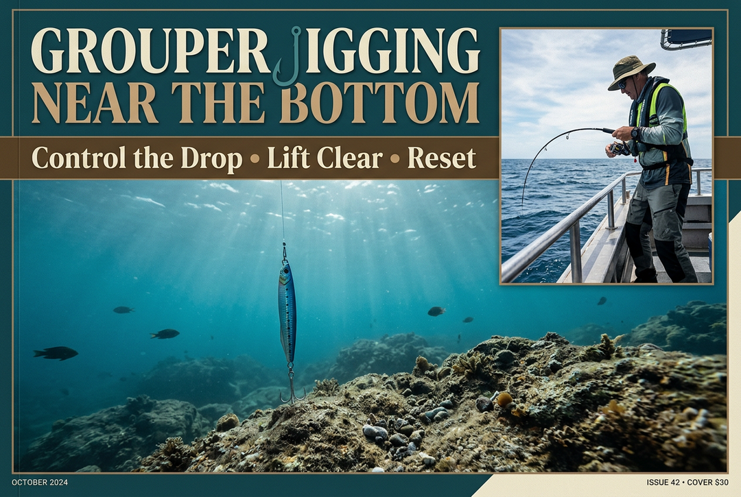 Illustrative metal jig near a rocky seabed with an inset of an angler managing a jigging rod from a boat
