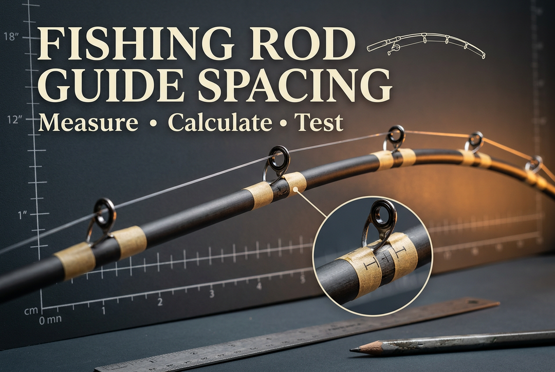 Temporarily taped fishing rod guides with threaded line against a grid backdrop and a close-up of a guide foot