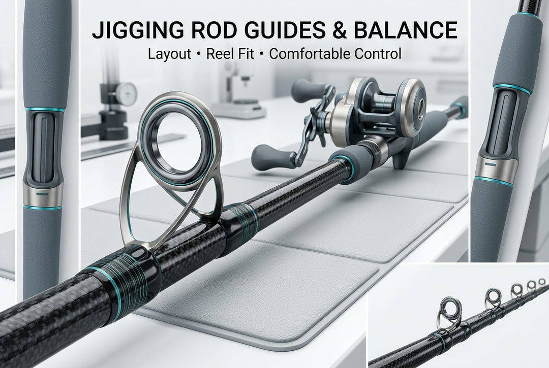 Editorial macro details of a generic rod guide, reel seat and grip on a padded inspection surface