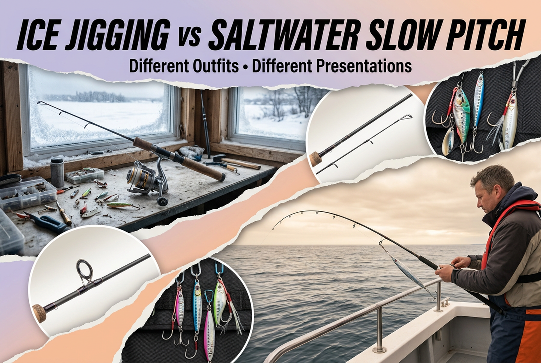 Editorial comparison of indoor ice-tackle preparation and a separate saltwater boat-jigging scene