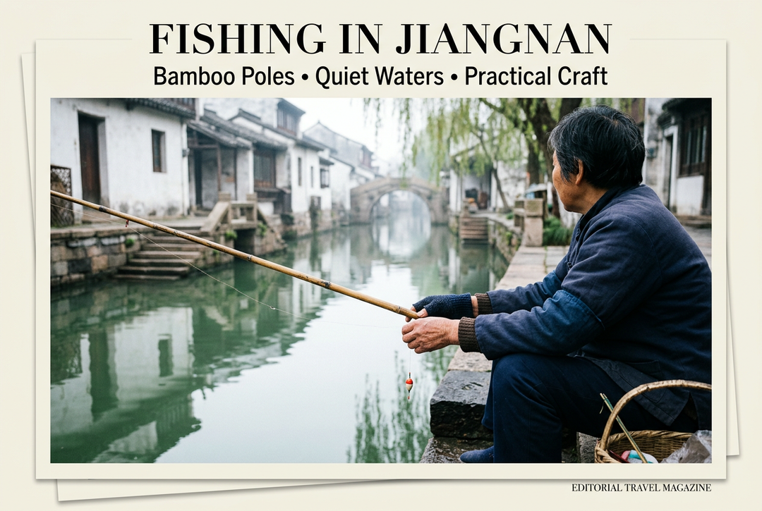 Illustrative Jiangnan-style canal scene with an older angler holding a bamboo pole near whitewashed houses and a stone bridge