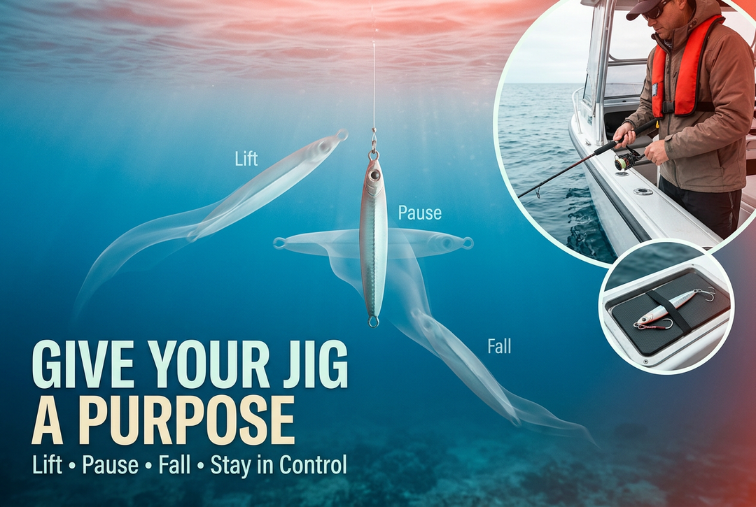 Editorial metal-jig movement illustration in open water with an inset of an angler and secured tackle