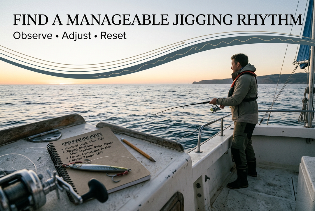 Editorial offshore angler within a boat rail at dusk with generic secured jig, reel-handle and notebook details