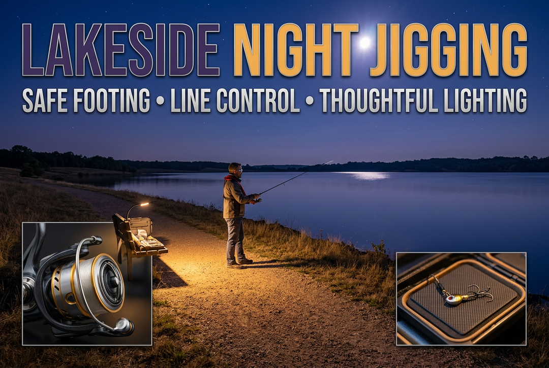 Editorial lakeside angler at blue hour with flotation, a visible walking path and illuminated tackle details