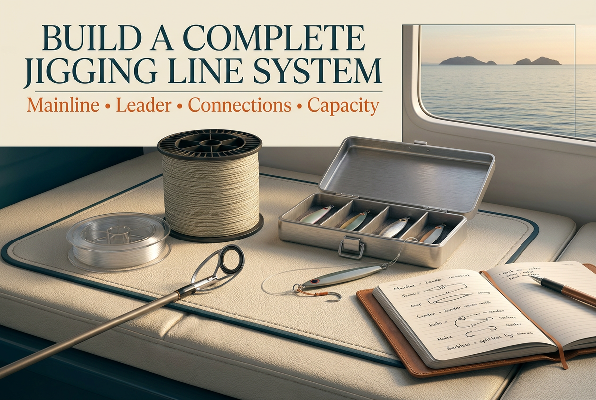 Editorial mainline spool, separate leader coil, intact guide and secured jig tray in a marine line-system display