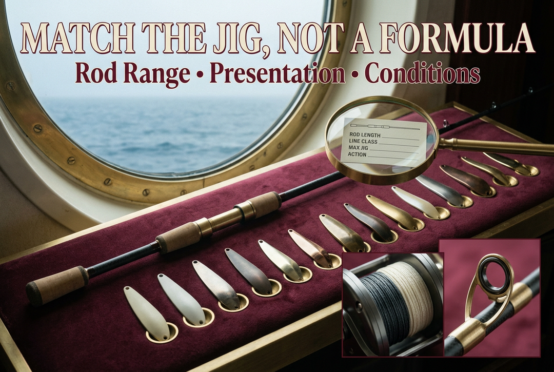 Editorial unloaded jigging rod and secured metal jigs in a burgundy, cream and brass specification display