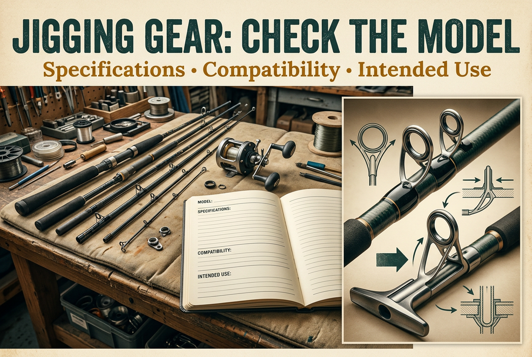 Editorial generic jigging tackle and specification notebook on a marina workbench with component details
