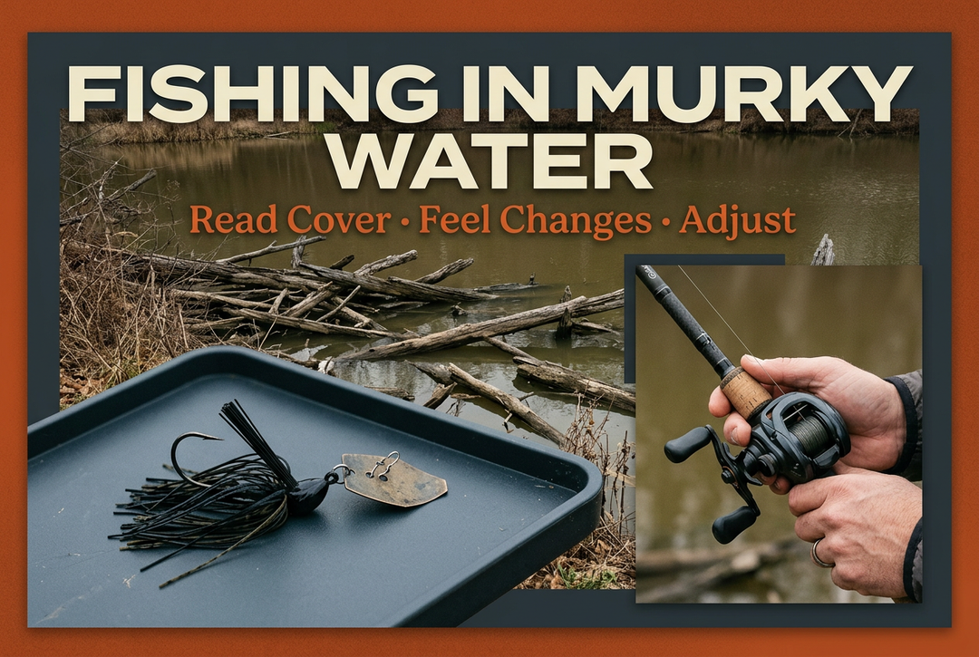 Illustrative murky-water fishing scene with submerged timber, a skirted lure on a tray and hands holding a casting reel