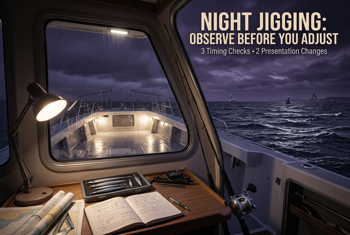 Editorial night boat planning alcove with illuminated deck, generic unloaded jigging tackle, secured lure tray and backup lamp