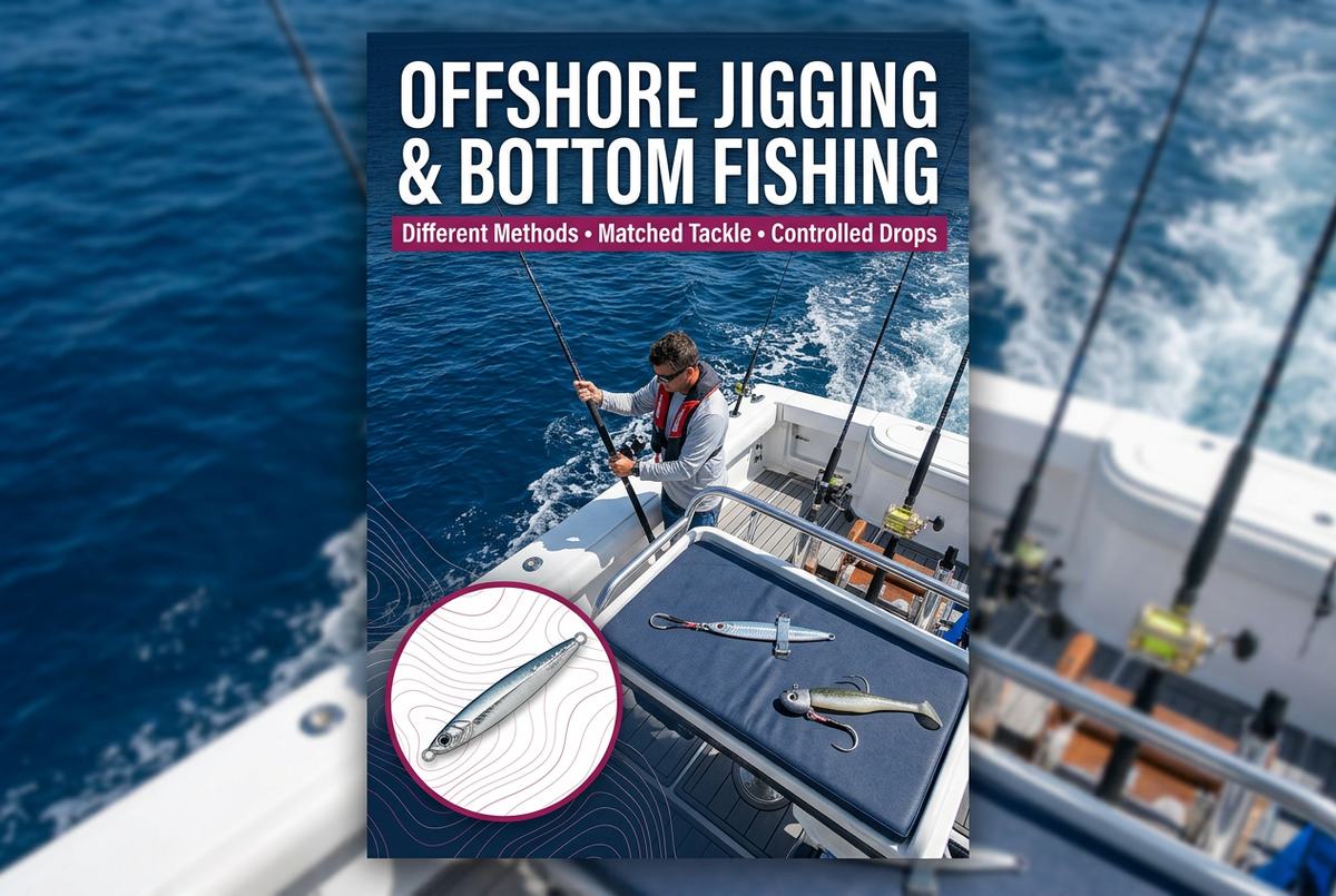 Editorial offshore boat-deck scene with an angler and separate tackle details illustrating jigging and bottom fishing
