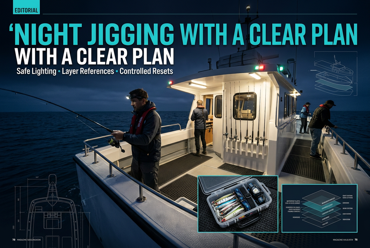 Editorial offshore night cockpit with illuminated working deck, angler within a rail and secured tackle details