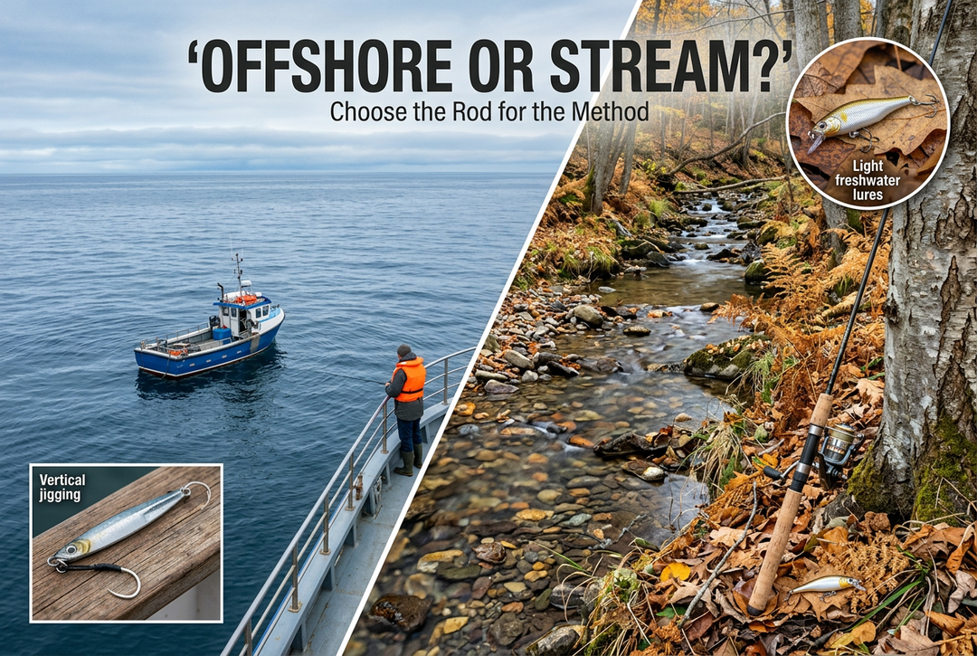 Editorial contrasting offshore boat and forest-stream scenes with separate marine jig and freshwater lure details
