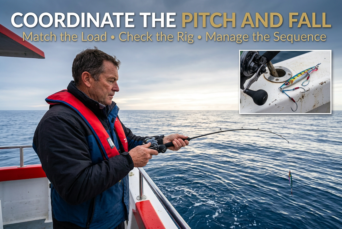 Editorial offshore angler within a boat rail with generic reel-handle and secured-jig detail insets