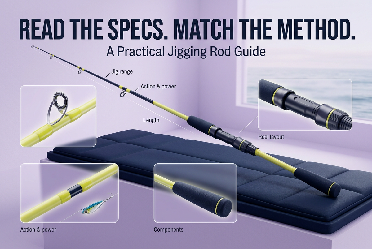 Editorial jigging rod display with enlarged guide, reel-seat, joint, grip and secured-lure details