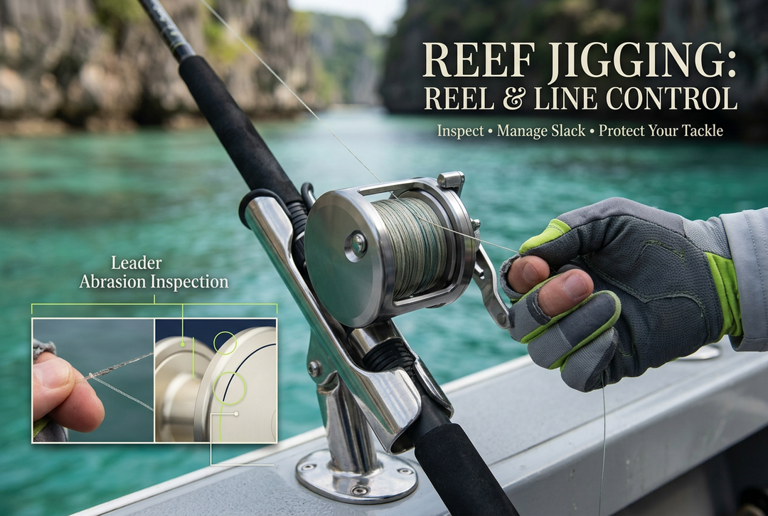 Illustrative jigging reel secured in a boat rod holder with close-ups of leader inspection and a spool edge
