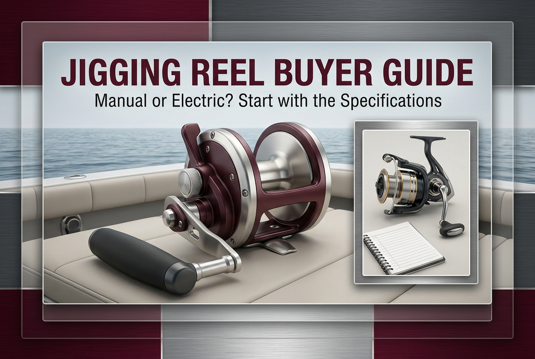 Editorial manual overhead and spinning reel comparison on a workbench with specification-checking details