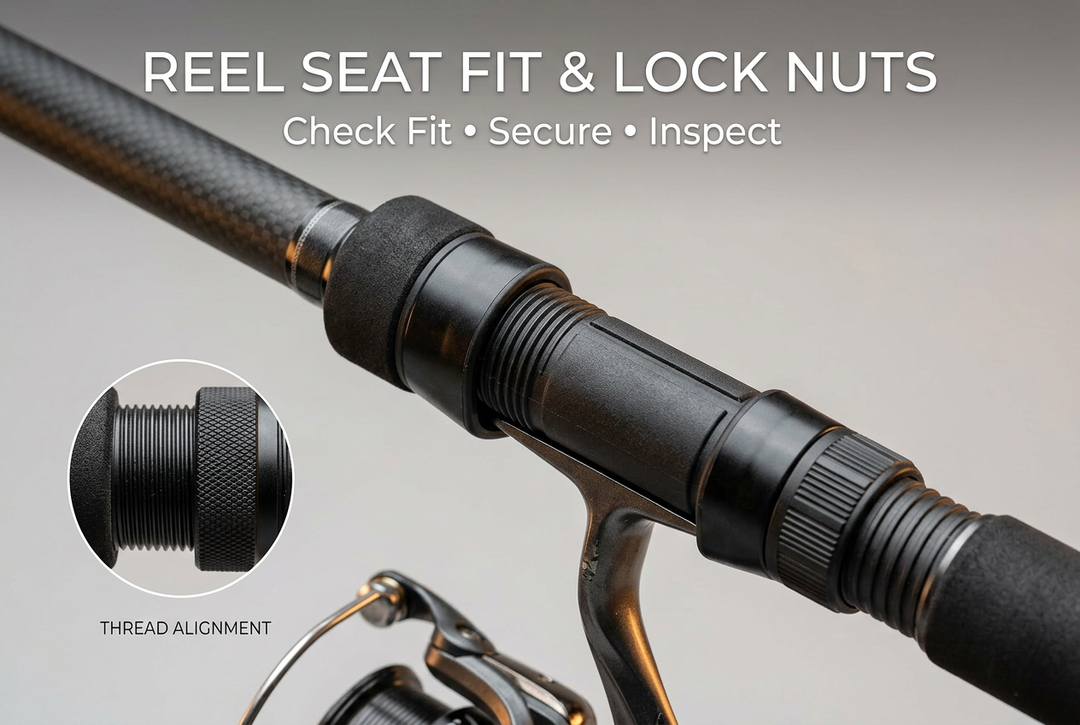 Generic reel-seat illustration showing a reel foot, threaded locking components and an inset of thread alignment