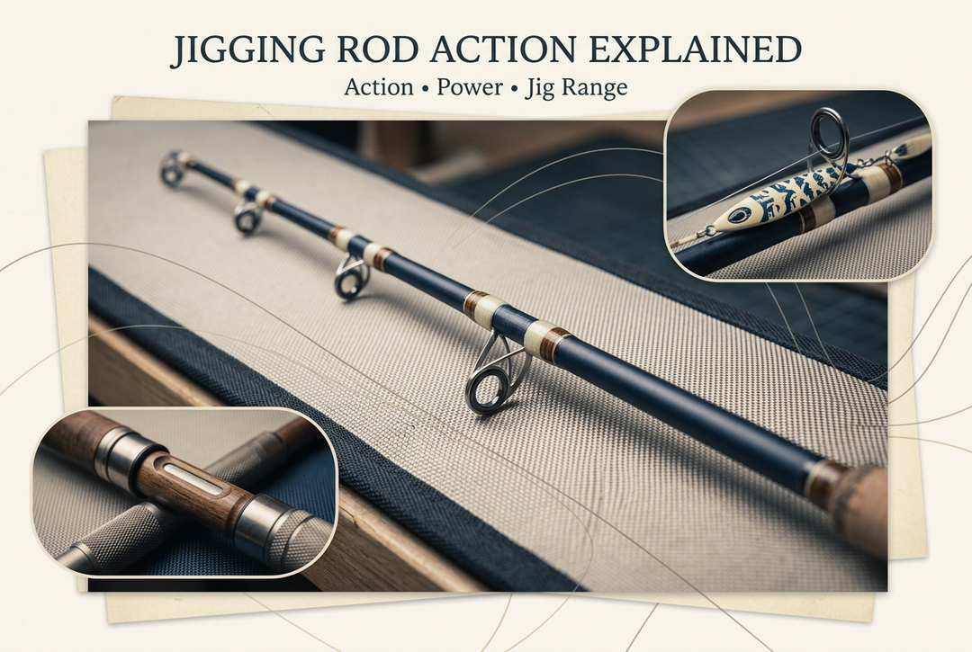 Editorial rod-tip and guide details on a padded inspection bench with reel-seat and secured-jig insets