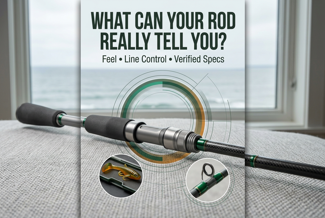 Editorial rod grip, reel-seat and guide details with secured lure in a pearl-grey and emerald photographic layout