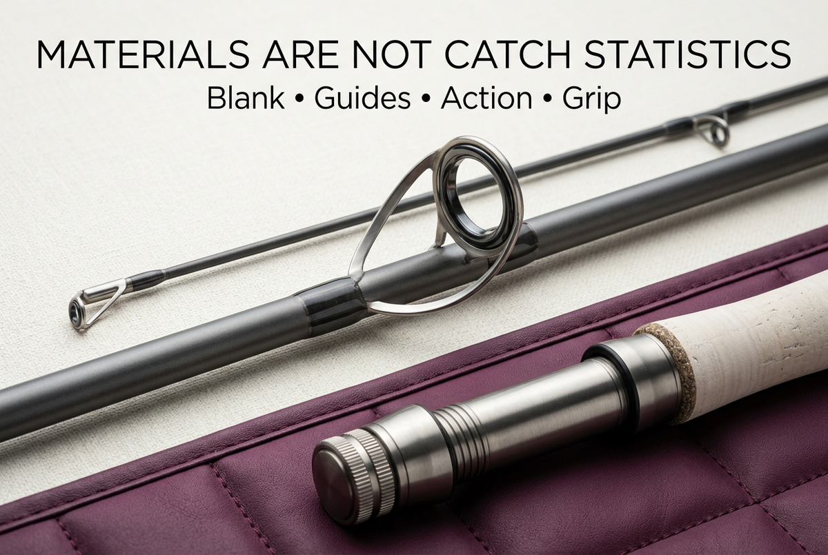 Editorial generic rod blank, guide insert, reel-seat and grip details in an ivory, plum and brushed-steel layout