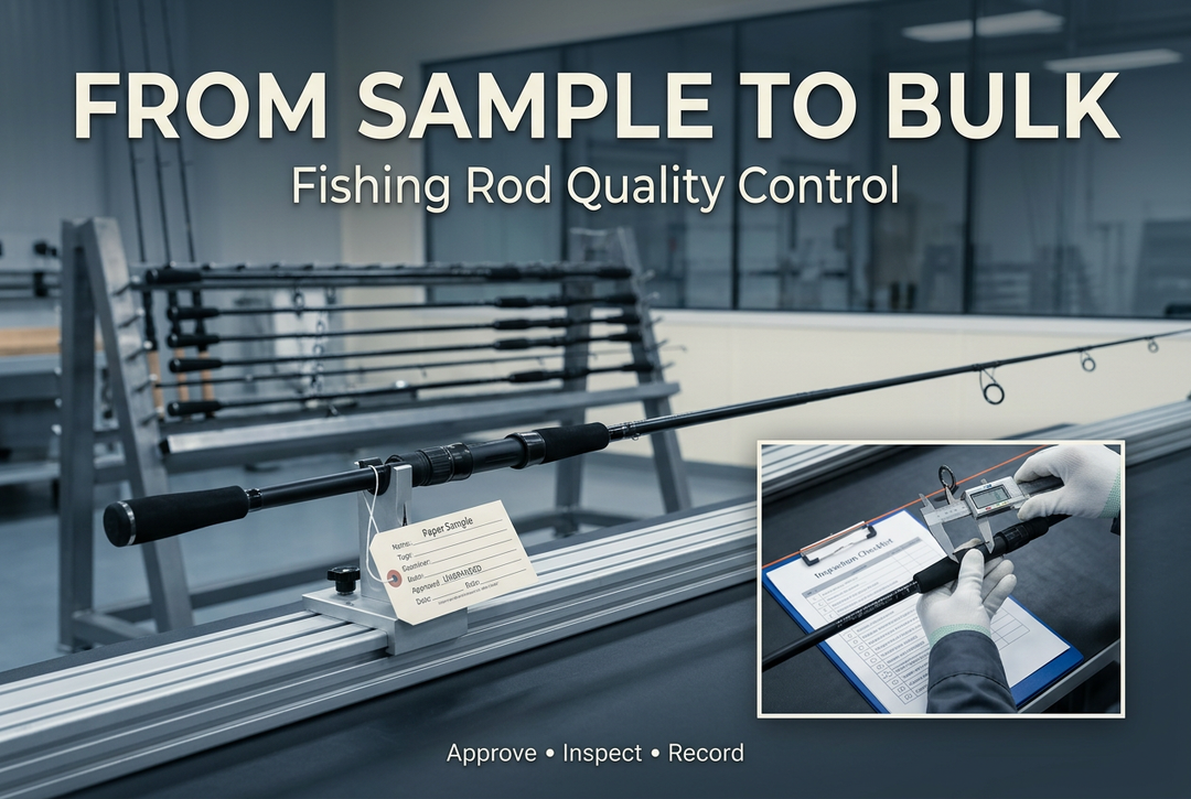 Fishing rod reference sample on an inspection rail with a rod rack and a close-up of a component measurement