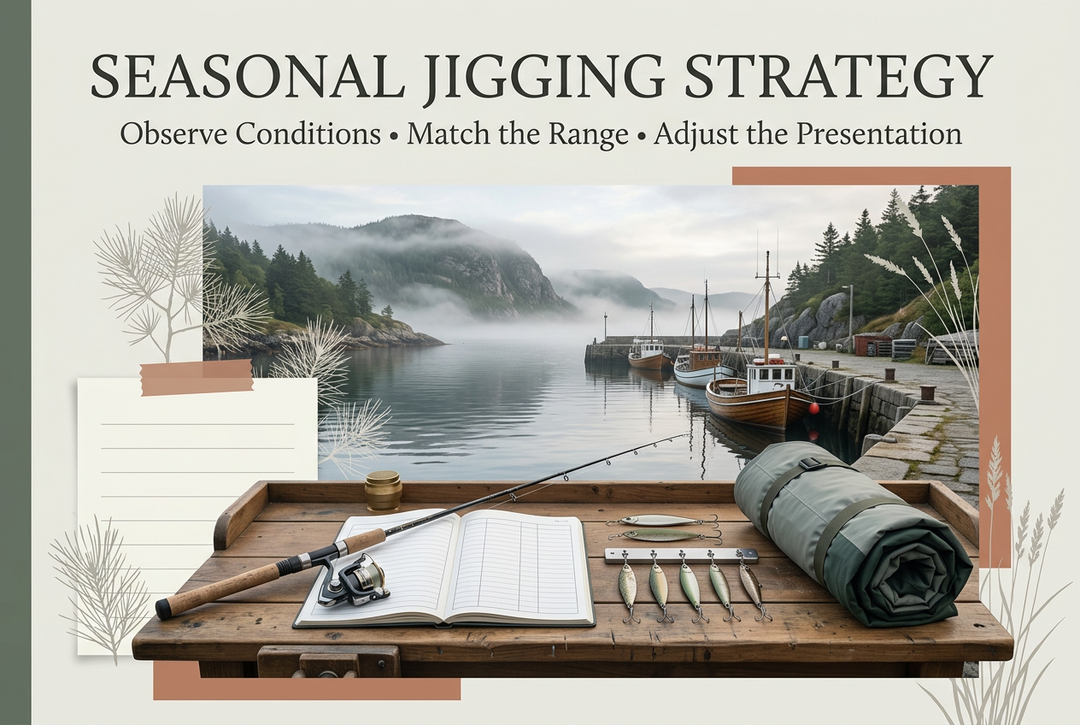 Editorial harbor preparation scene with generic jigging tackle, observation notebook and weather clothing